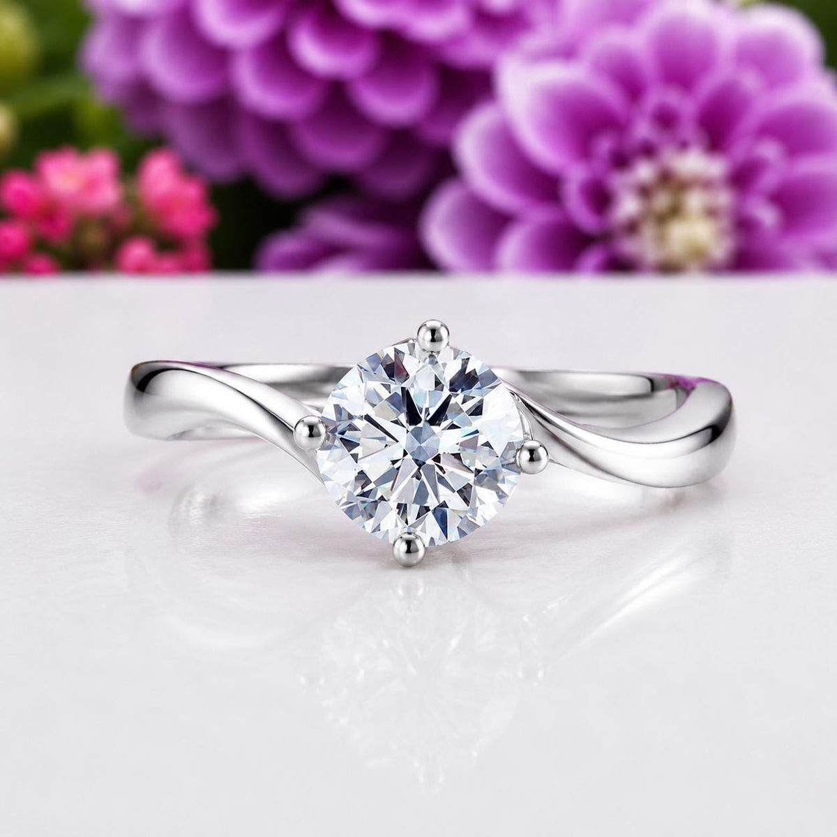 Solitaire 1 Carat Moissanite Diamond Swirl Engagement Ring : 925 Sterling Silver