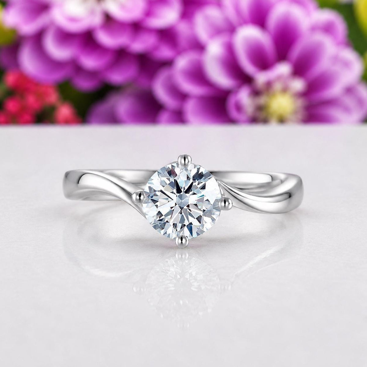 Solitaire 1 Carat Moissanite Diamond Swirl Engagement Ring : 925 Sterling Silver