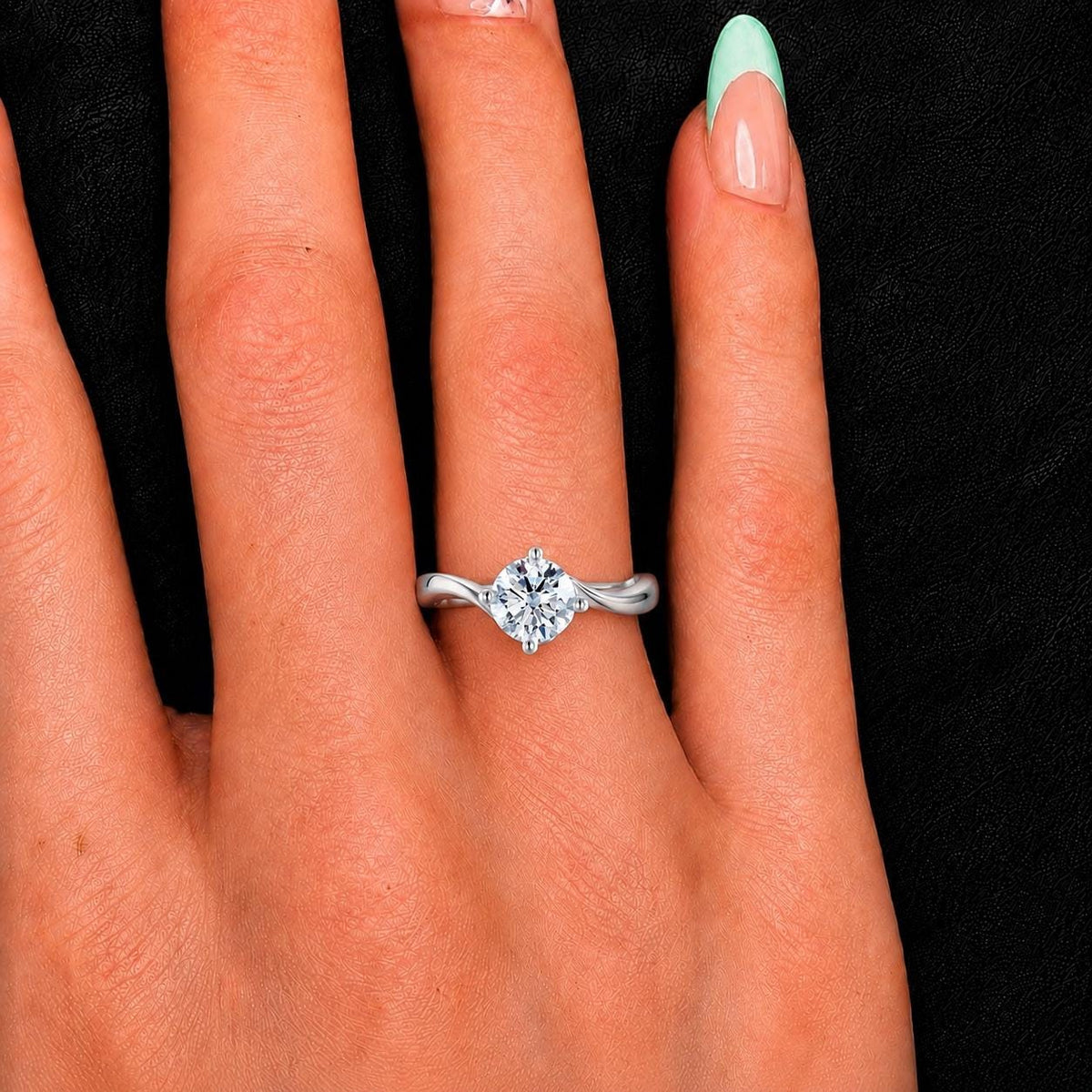 Solitaire 1 Carat Moissanite Diamond Swirl Engagement Ring : 925 Sterling Silver