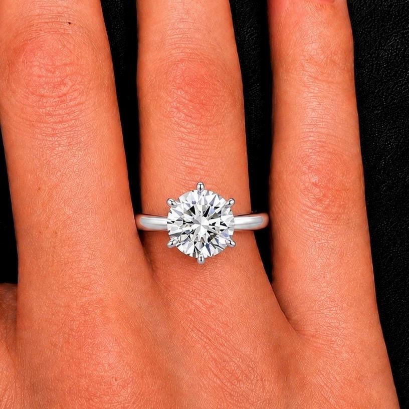Round 3 Carat 6 Prong Moissanite Diamond Engagement Ring : 925 Sterling Silver