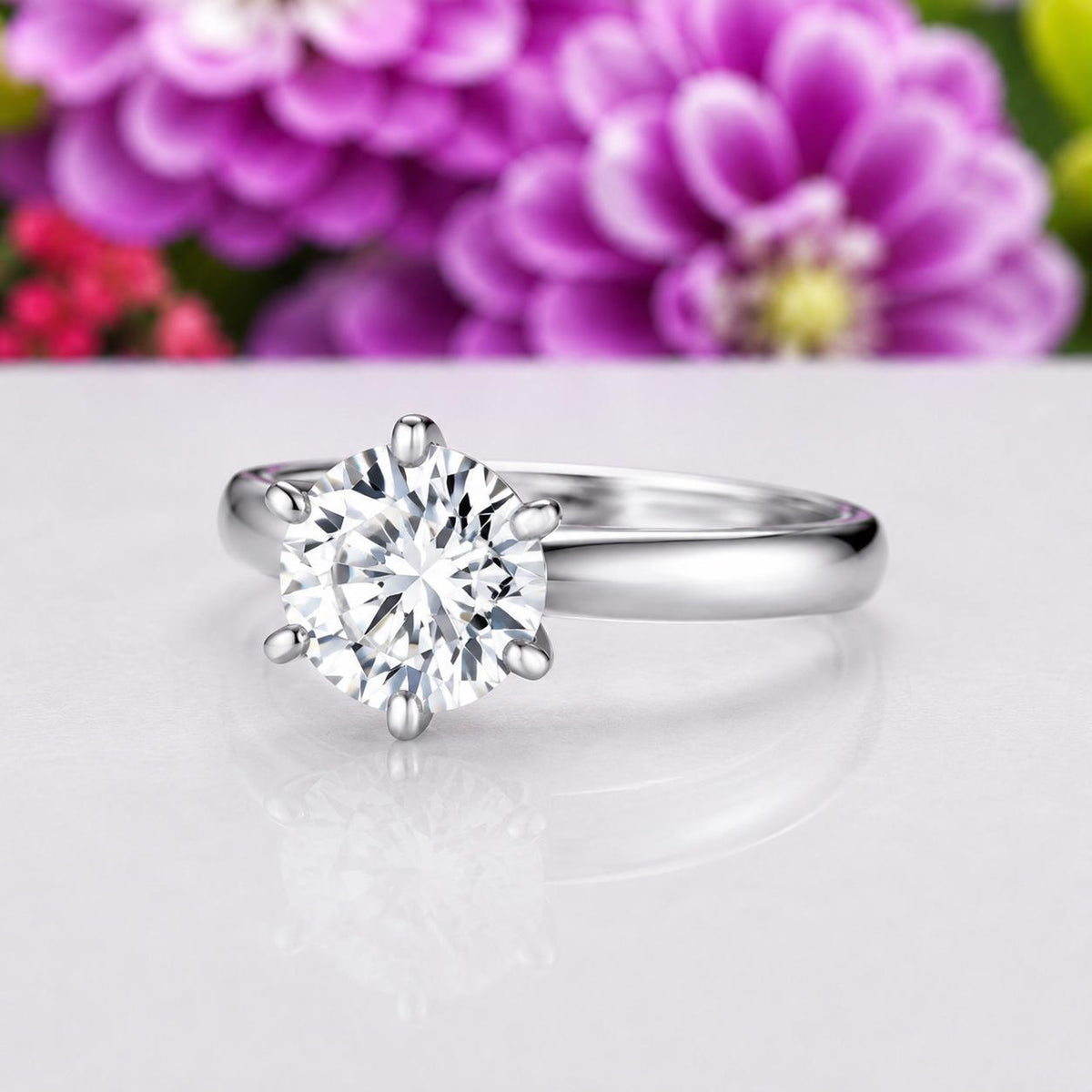 Round 3 Carat 6 Prong Moissanite Diamond Engagement Ring : 925 Sterling Silver