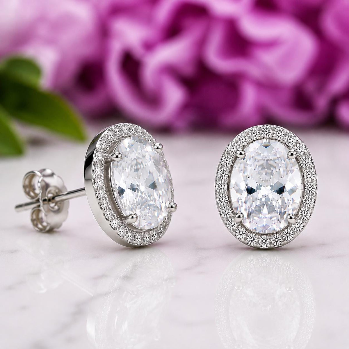Oval Cut 3 Carat Moissanite Stud Earrings : 925 Sterling Silver