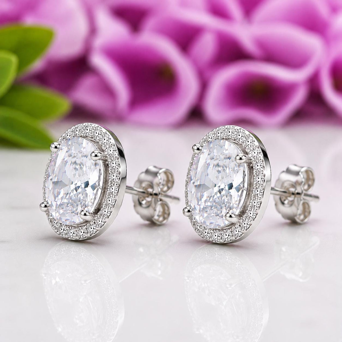 Oval Cut 3 Carat Moissanite Stud Earrings : 925 Sterling Silver