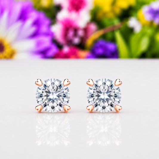 Heart Claw 1 Carat Moissanite Stud Earrings Rose Gold : 925 Sterling Silver