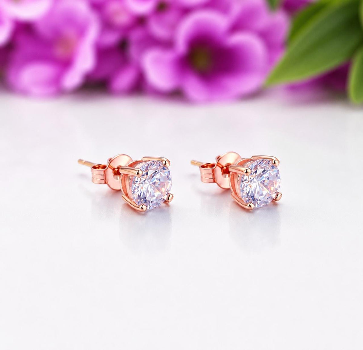 Rose Gold Round Cut Stud Earrings 1 Carat Moissanite : 925 Sterling Silver