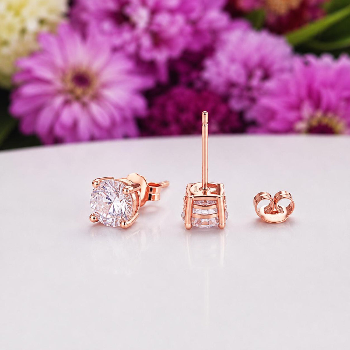 Rose Gold Round Cut Stud Earrings 1 Carat Moissanite : 925 Sterling Silver