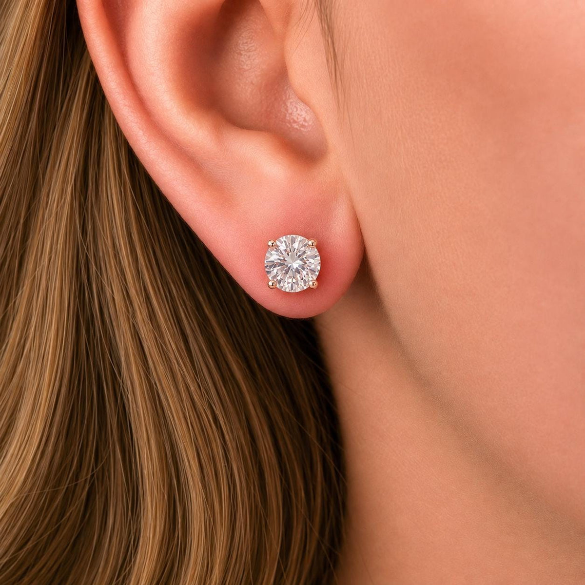 Rose Gold Round Cut Stud Earrings 1 Carat Moissanite : 925 Sterling Silver