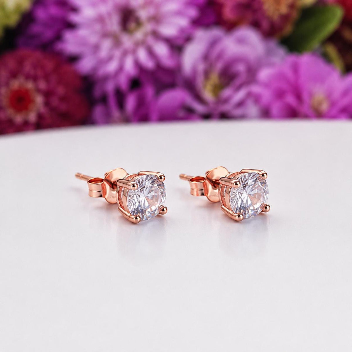 Rose Gold Round Cut Stud Earrings 1 Carat Moissanite : 925 Sterling Silver