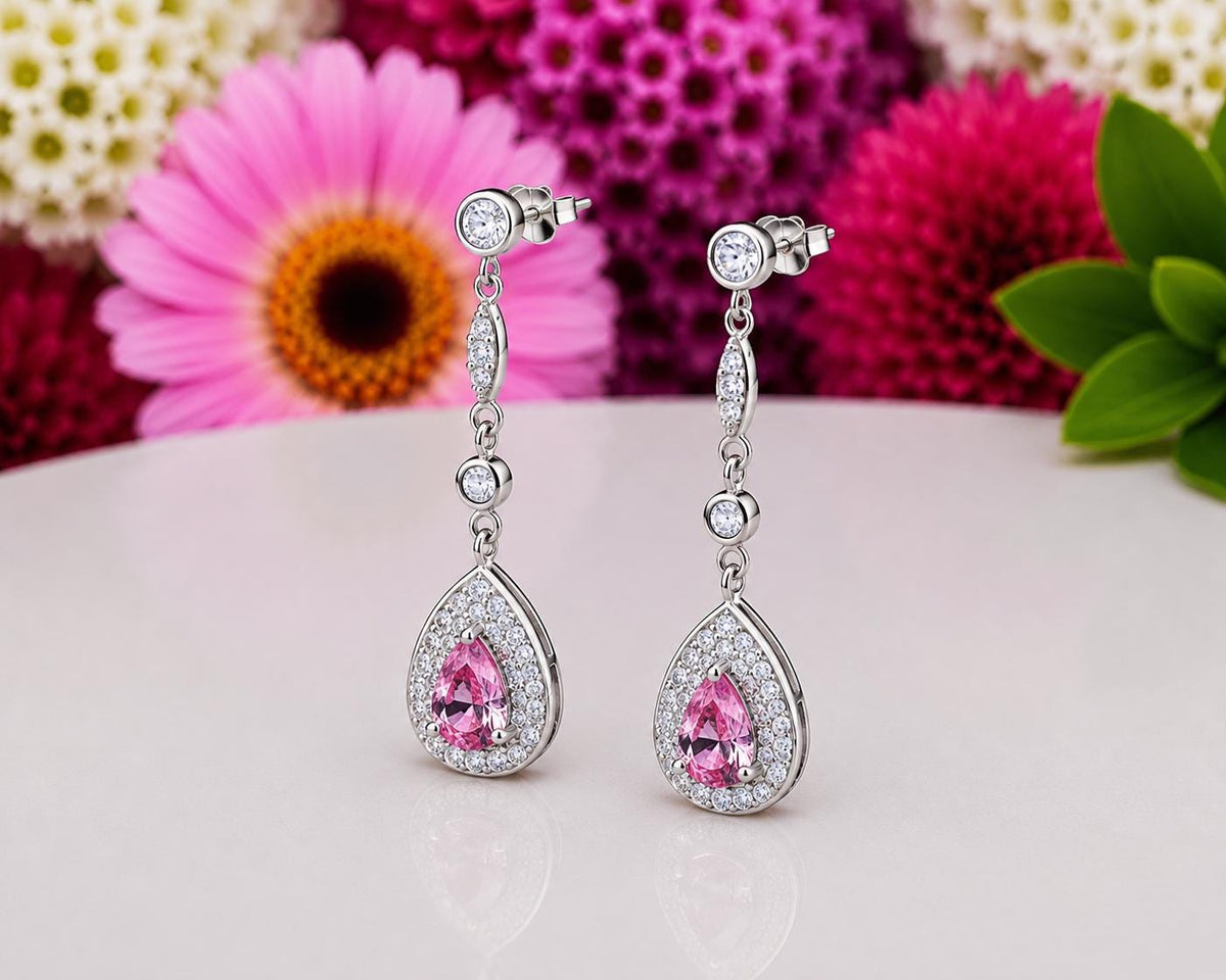 Pear Cut 1.5 CT Pink Sapphire Dangle Drop Earrings : 925 Sterling Silver