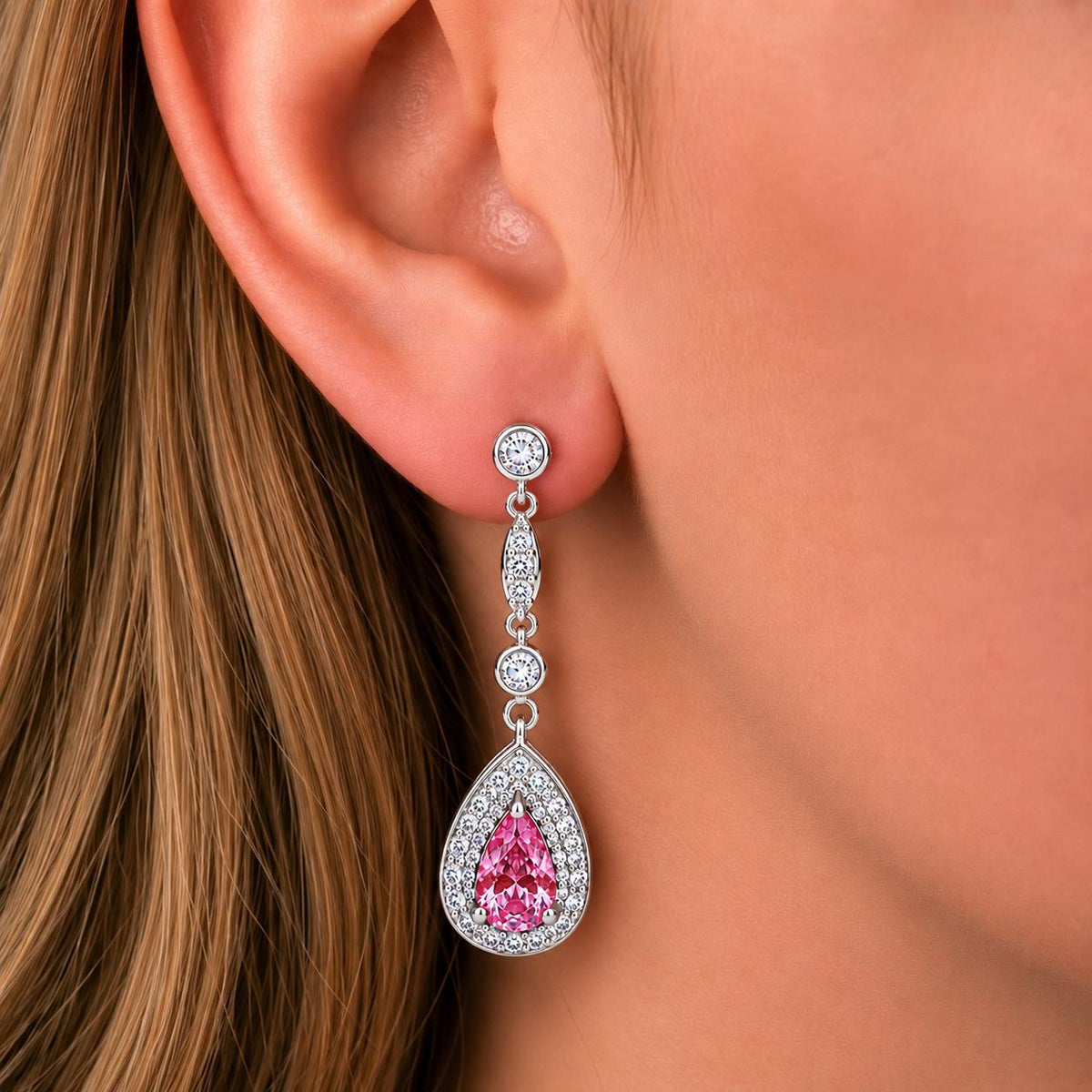 Pear Cut 1.5 CT Pink Sapphire Dangle Drop Earrings : 925 Sterling Silver