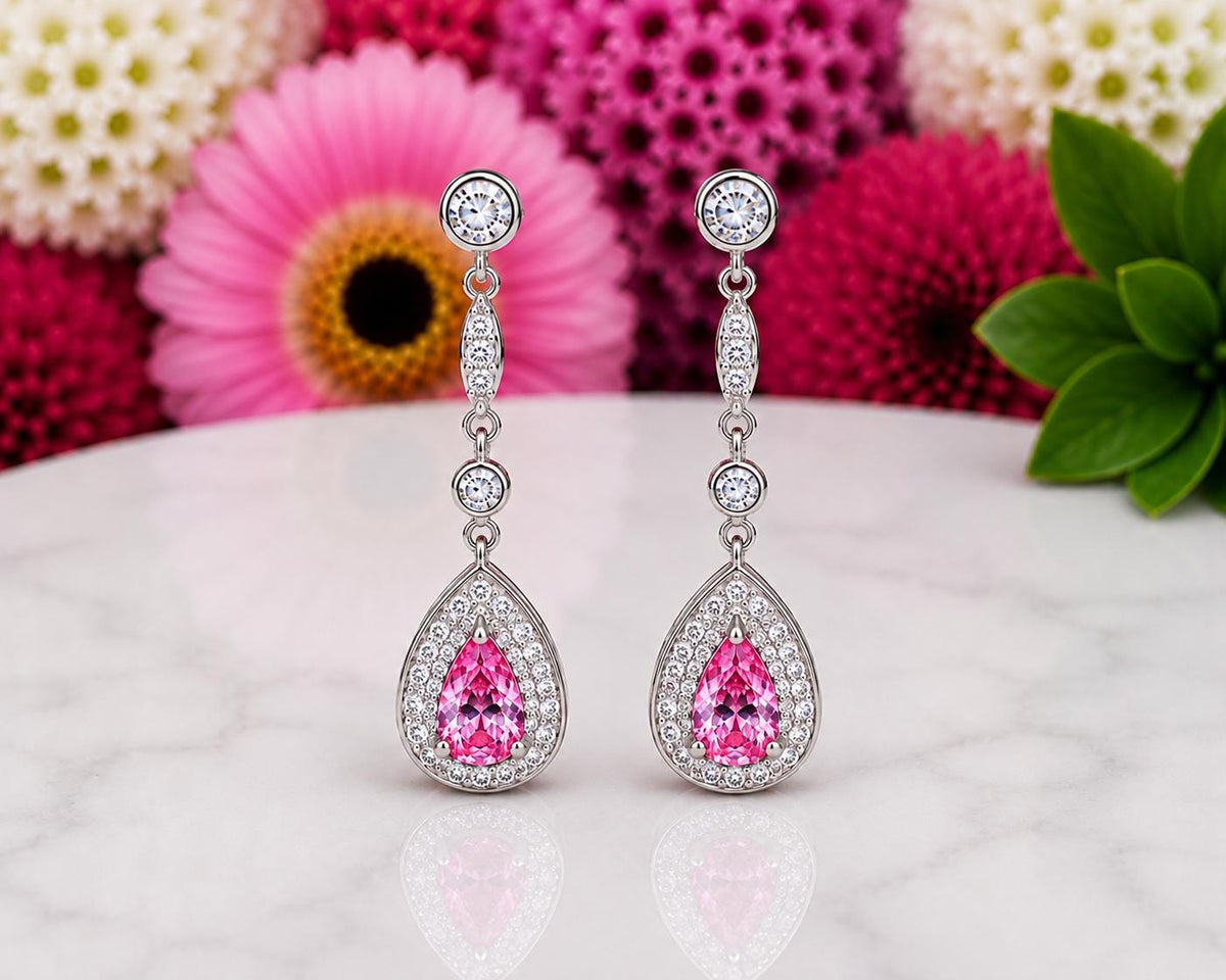 Pear Cut 1.5 CT Pink Sapphire Dangle Drop Earrings : 925 Sterling Silver