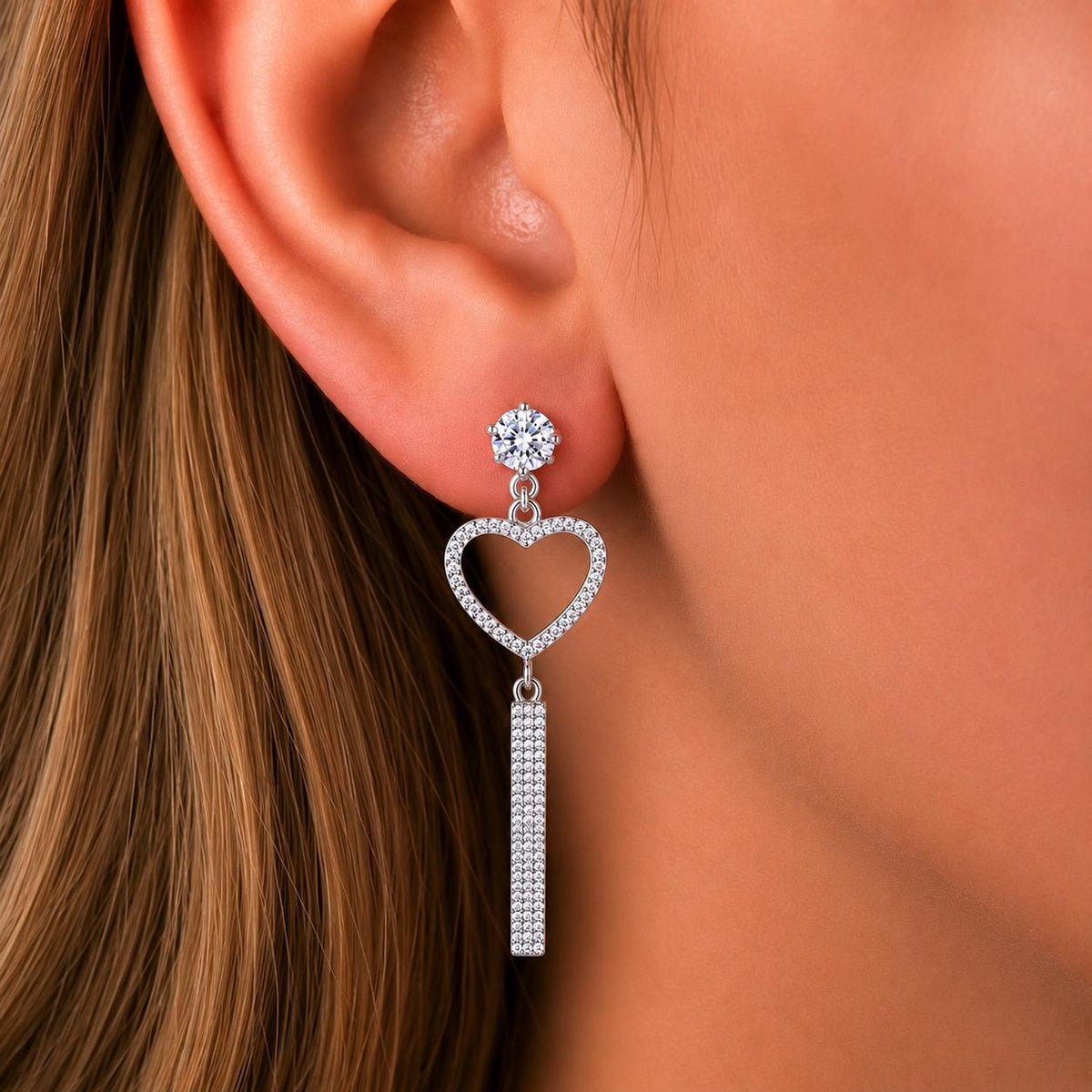 Heart Dangle Drop Moissanite Earrings : 925 Sterling Silver