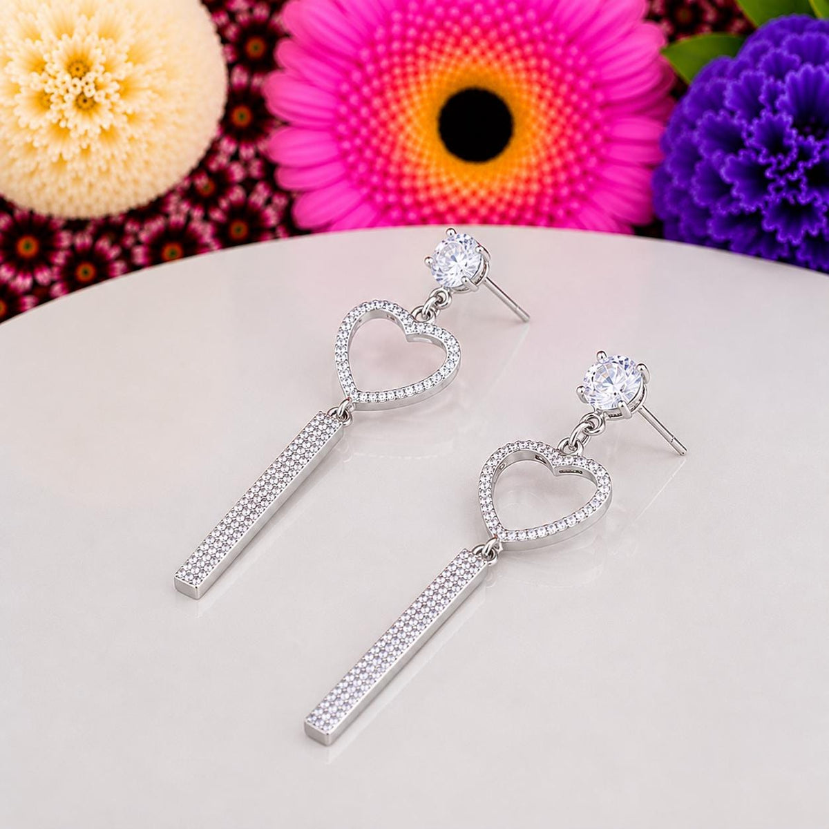 Heart Dangle Drop Moissanite Earrings : 925 Sterling Silver
