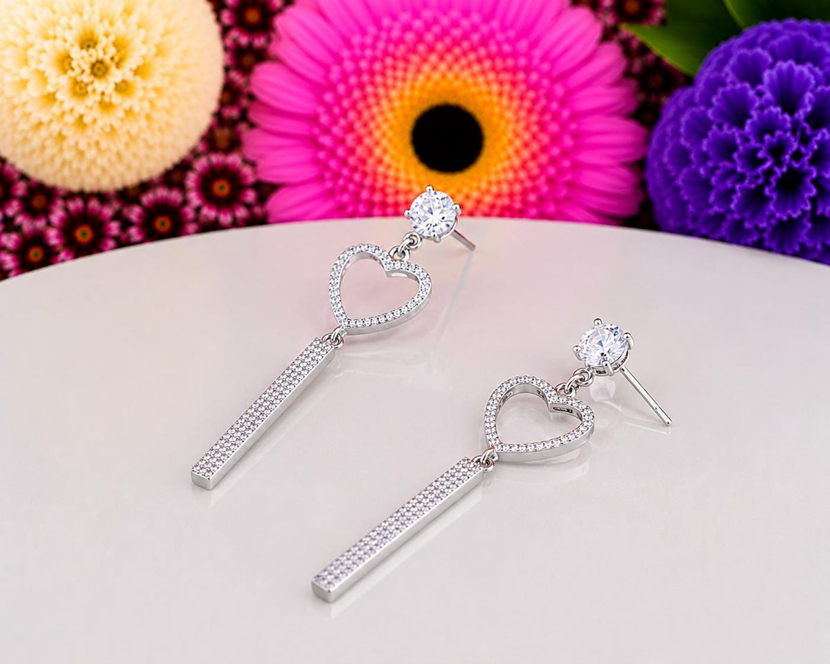 Heart Dangle Drop Moissanite Earrings : 925 Sterling Silver