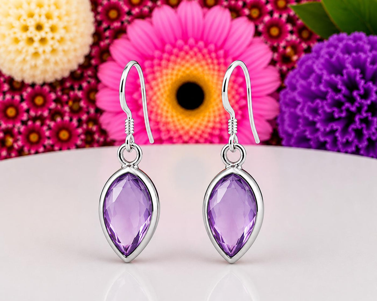 Marquise Cut 3 Carat Amethyst Dangle Drop Earrings : 925 Sterling Silver