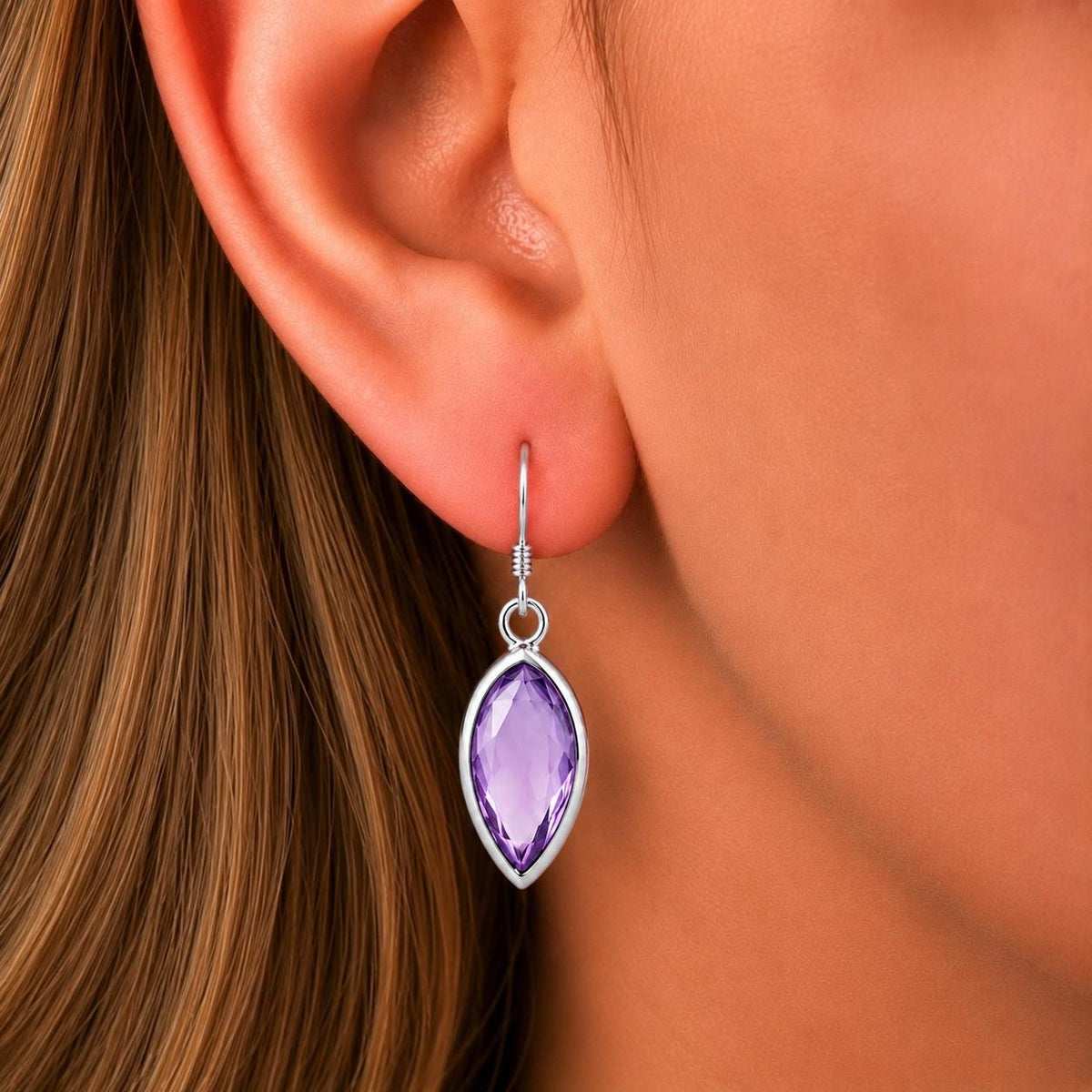 Marquise Cut 3 Carat Amethyst Dangle Drop Earrings : 925 Sterling Silver