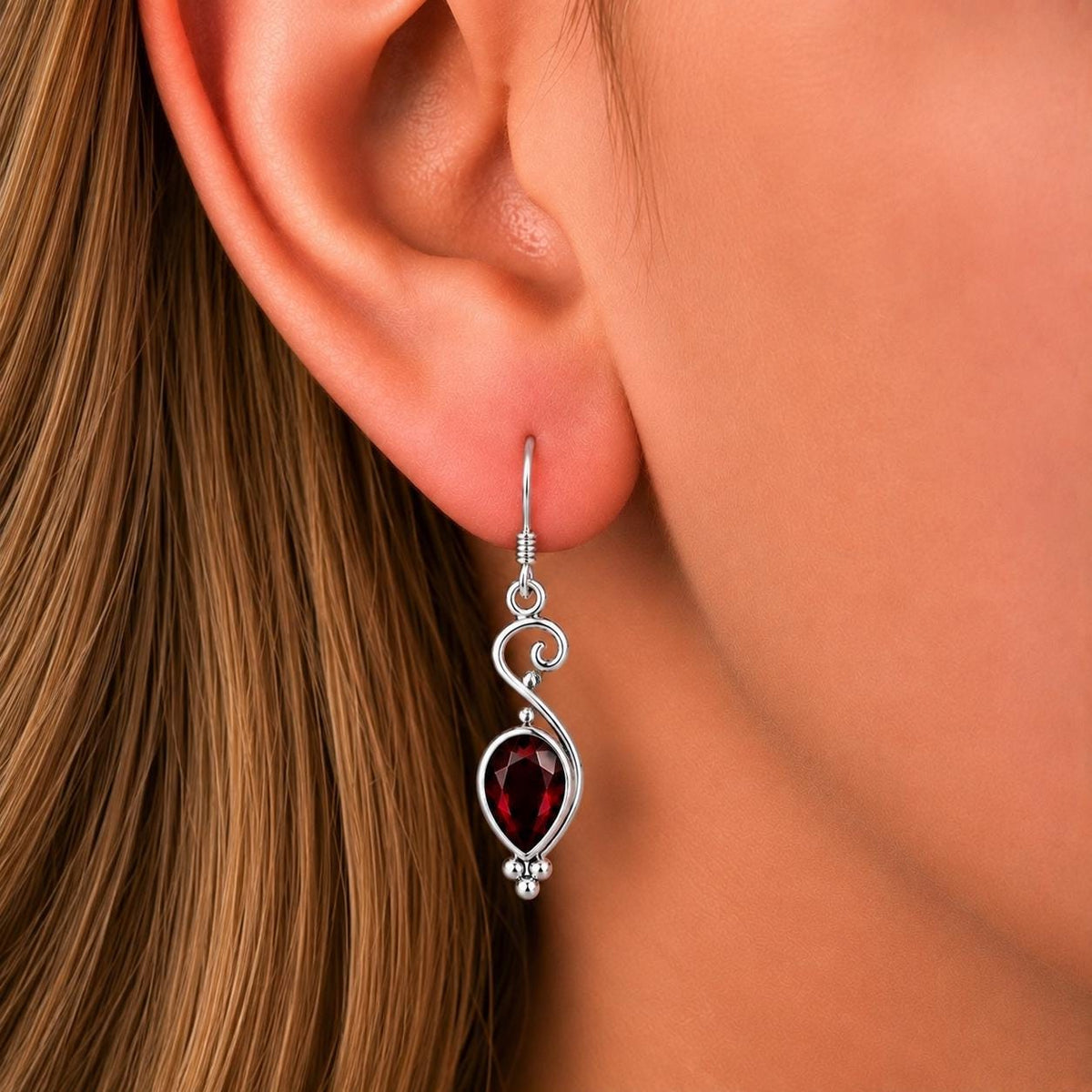 Pear Cut Red Garnet Dangle Drop Earrings : 925 Sterling Silver