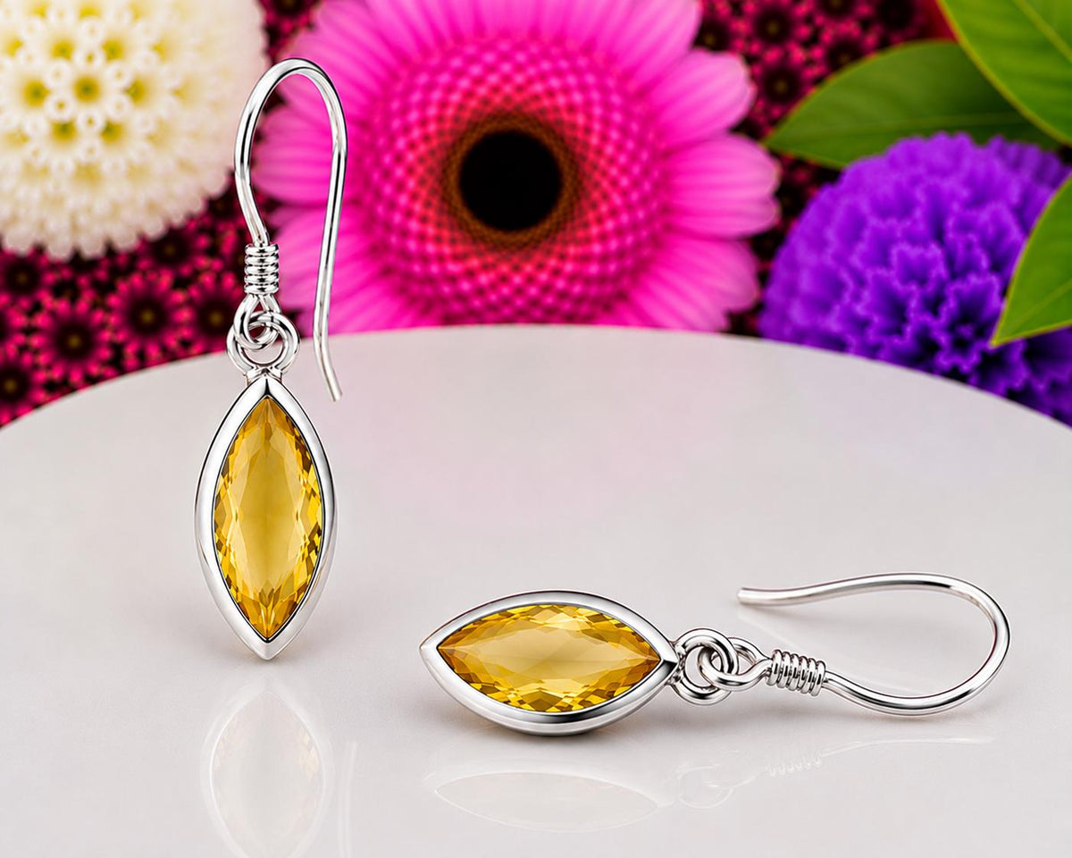 Marquise Cut 2 Carat Canary Yellow Citrine Dangle Drop Earrings : 925 Sterling Silver