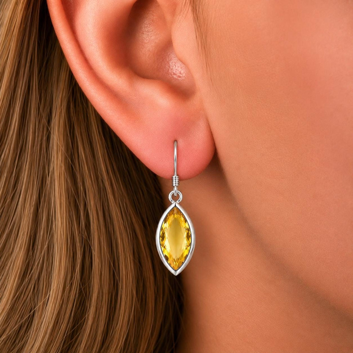 Marquise Cut 2 Carat Canary Yellow Citrine Dangle Drop Earrings : 925 Sterling Silver