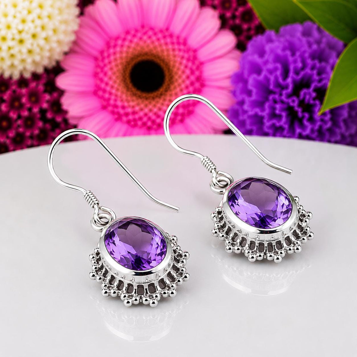 Oval Cut Vintage Style 2.5 CT Amethyst Earrings : 925 Sterling Silver