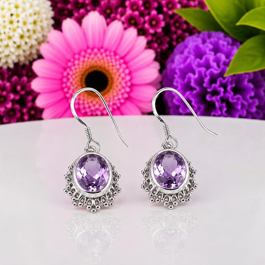 Oval Cut Vintage Style 2.5 CT Amethyst Earrings : 925 Sterling Silver