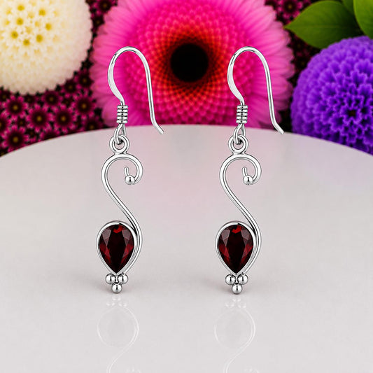 Pear Cut Red Garnet Dangle Drop Earrings : 925 Sterling Silver