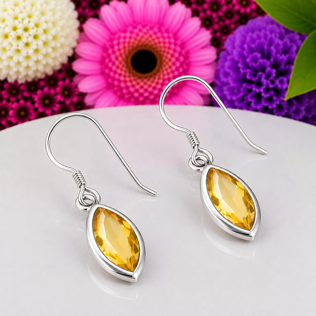 Marquise Cut 2 Carat Canary Yellow Citrine Dangle Drop Earrings : 925 Sterling Silver