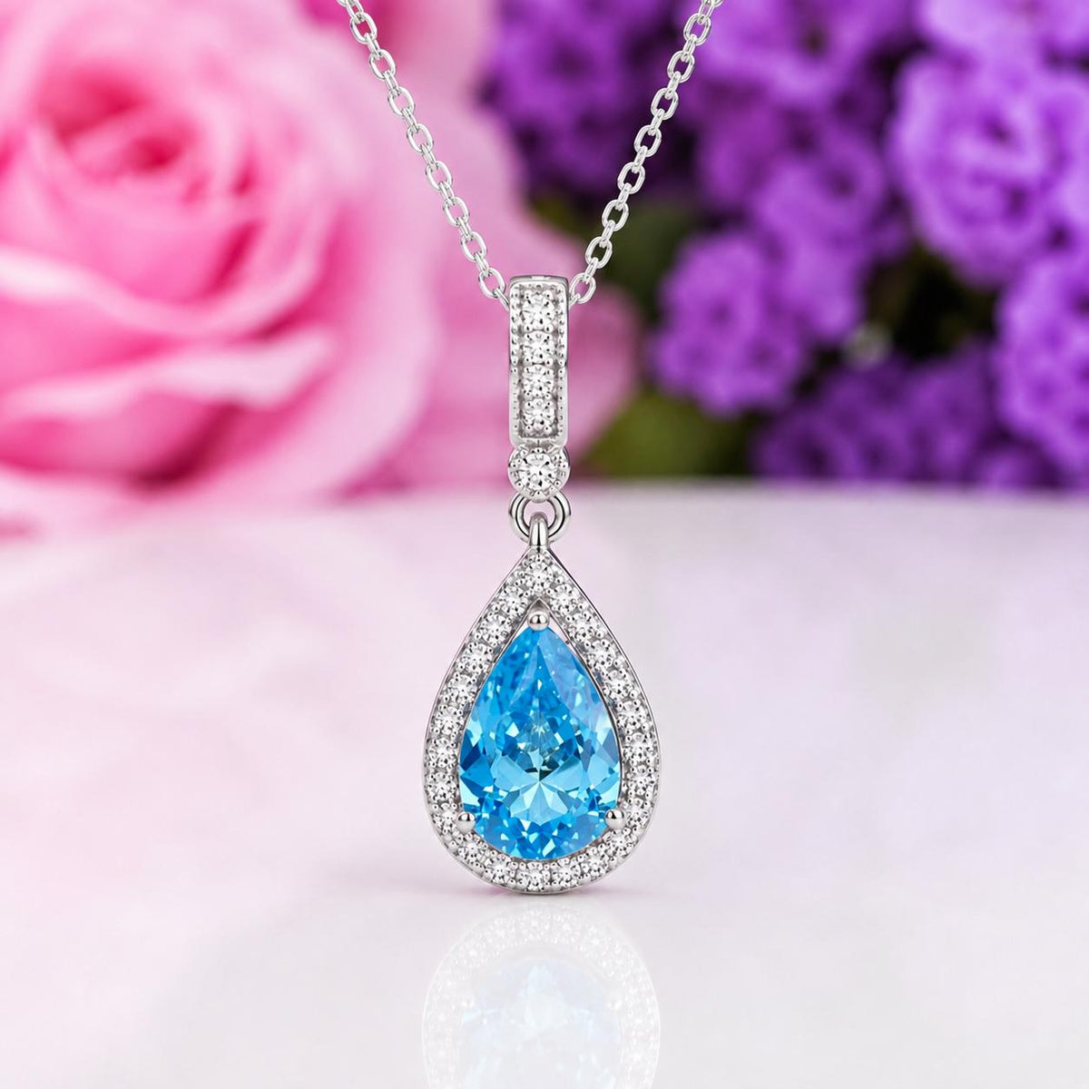 Tear Drop 3 Ct Blue Sapphire Necklace : 925 Sterling Silver