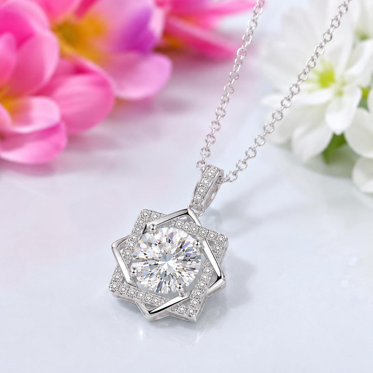 Round Cut Octagram 2 Carat Moissanite Necklace : 925 Sterling Silver