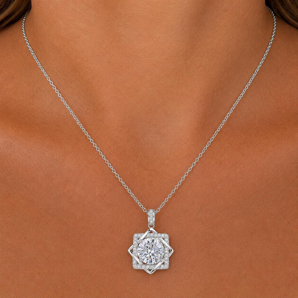 Round Cut Octagram 2 Carat Moissanite Necklace : 925 Sterling Silver