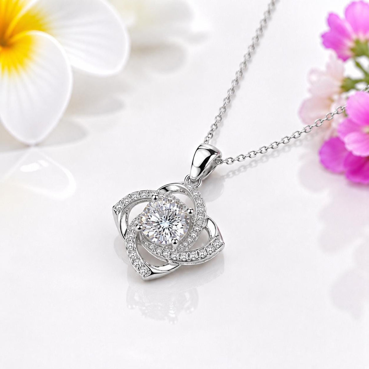 Rose Round Cut Moissanite Necklace 1 Carat : 925 Sterling Silver