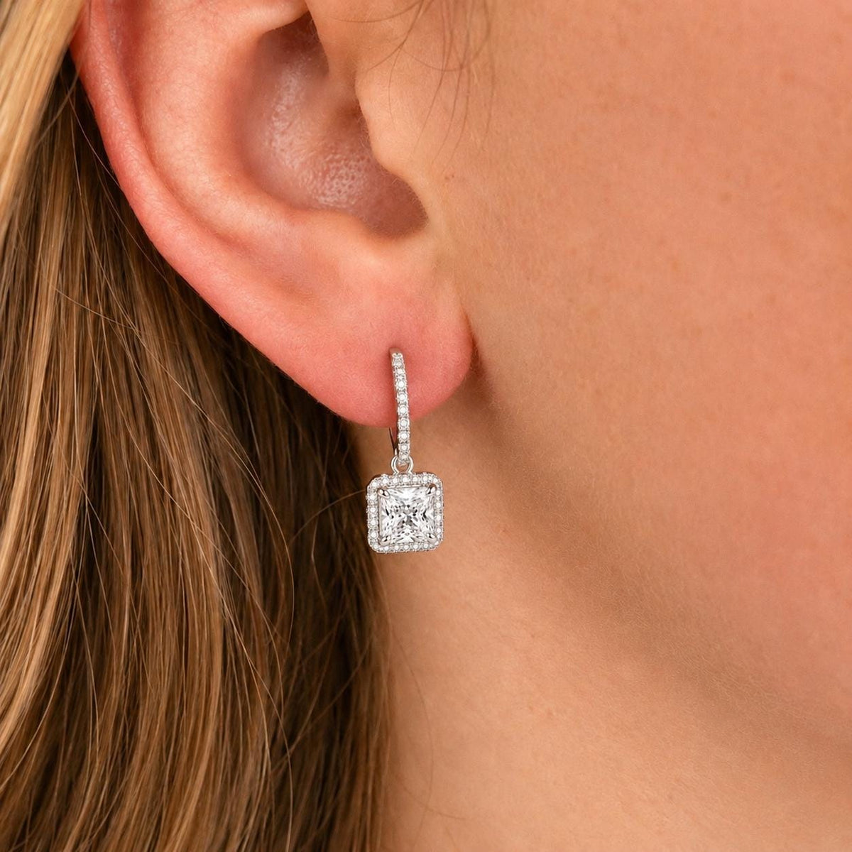 Princess Cut Moissanite 1 Carat Dangle Drop Earrings : 925 Sterling Silver