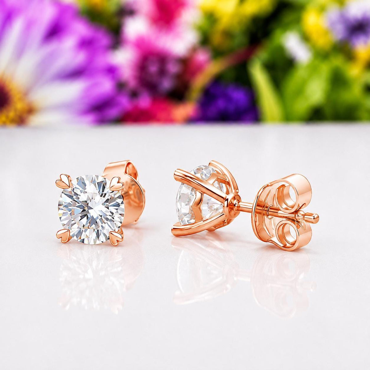 Heart Claw 1 Carat Moissanite Stud Earrings Rose Gold : 925 Sterling Silver