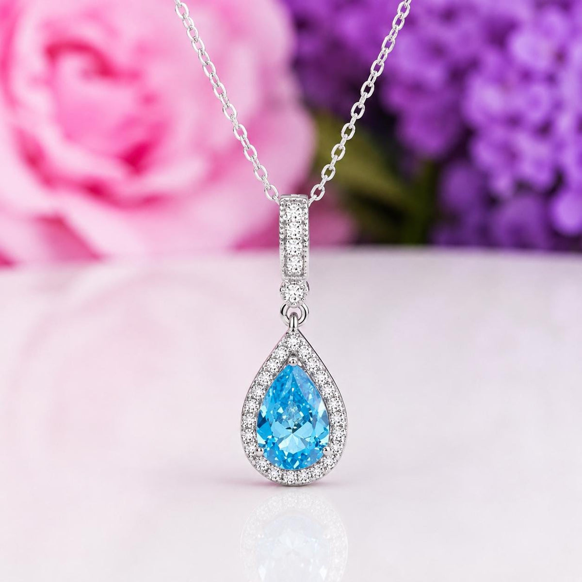 Tear Drop 3 Ct Blue Sapphire Necklace : 925 Sterling Silver