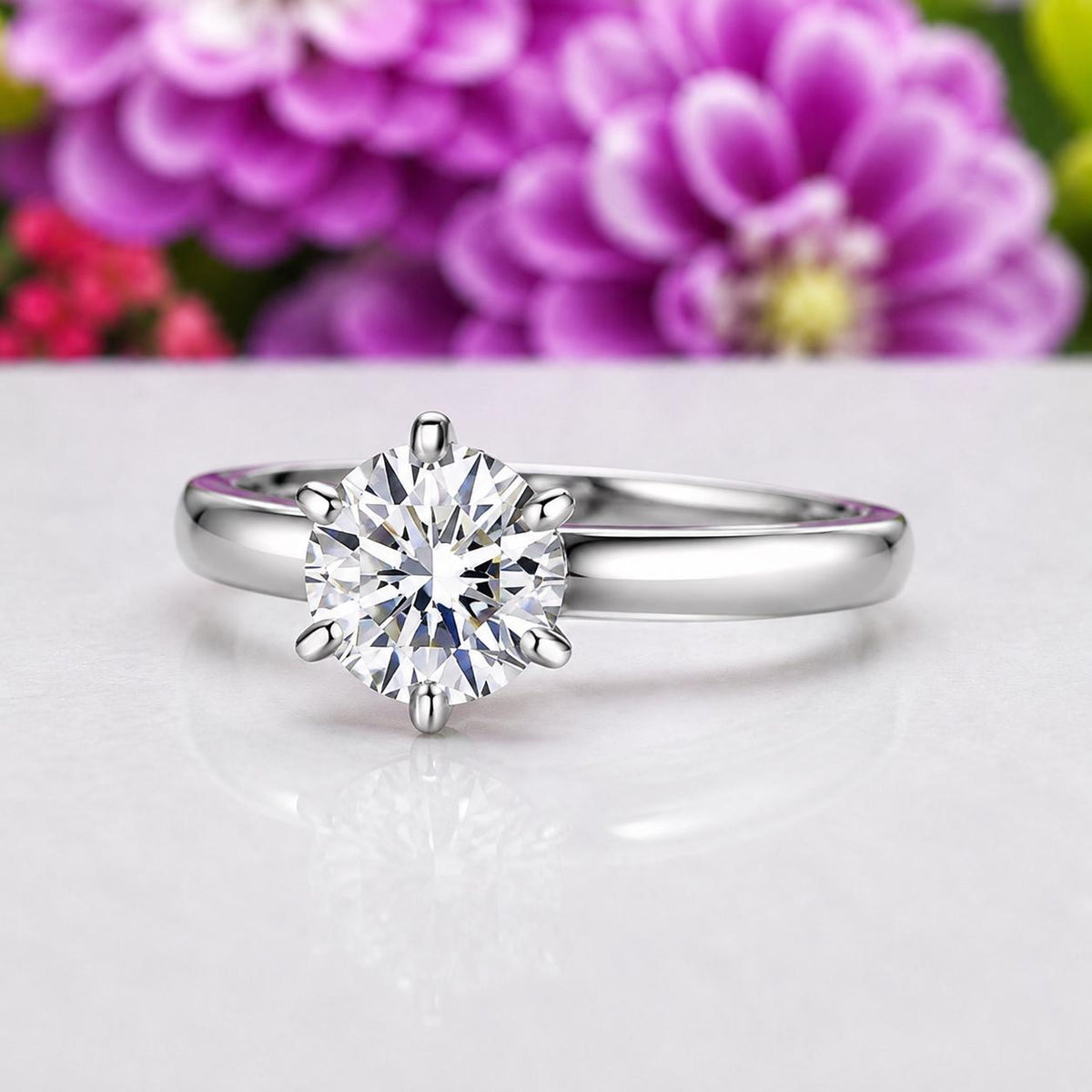 Round 3 Carat 6 Prong Moissanite Diamond Engagement Ring : 925 Sterling Silver