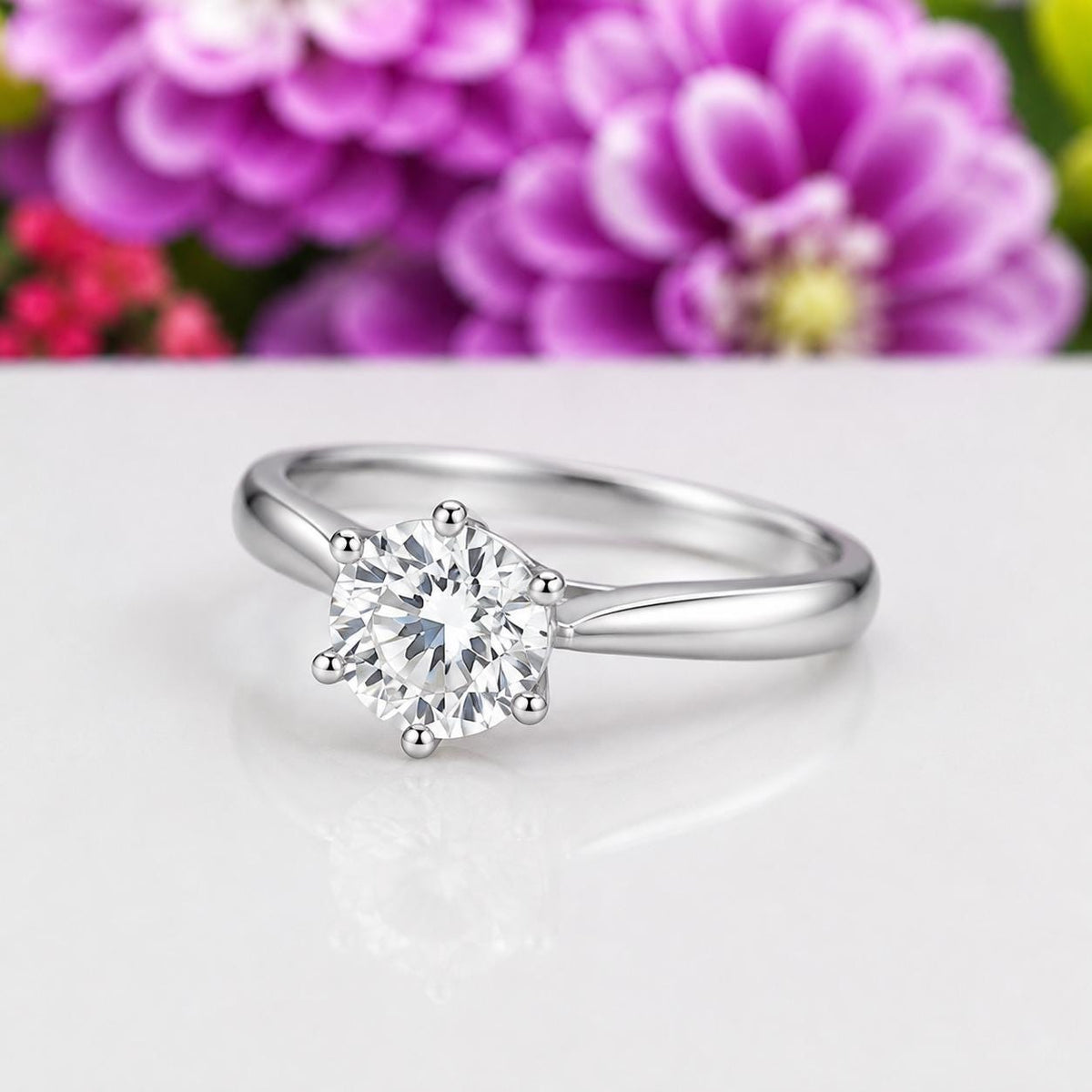 Round 6 Claw 1.5 Carat Moissanite Diamond Engagement Ring : 925 Sterling Silver