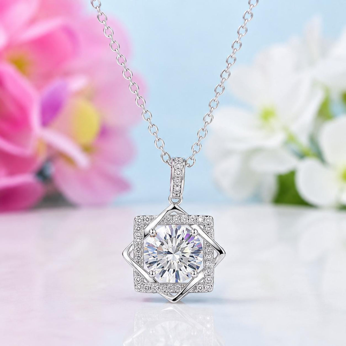 Round Cut Octagram 2 Carat Moissanite Necklace : 925 Sterling Silver