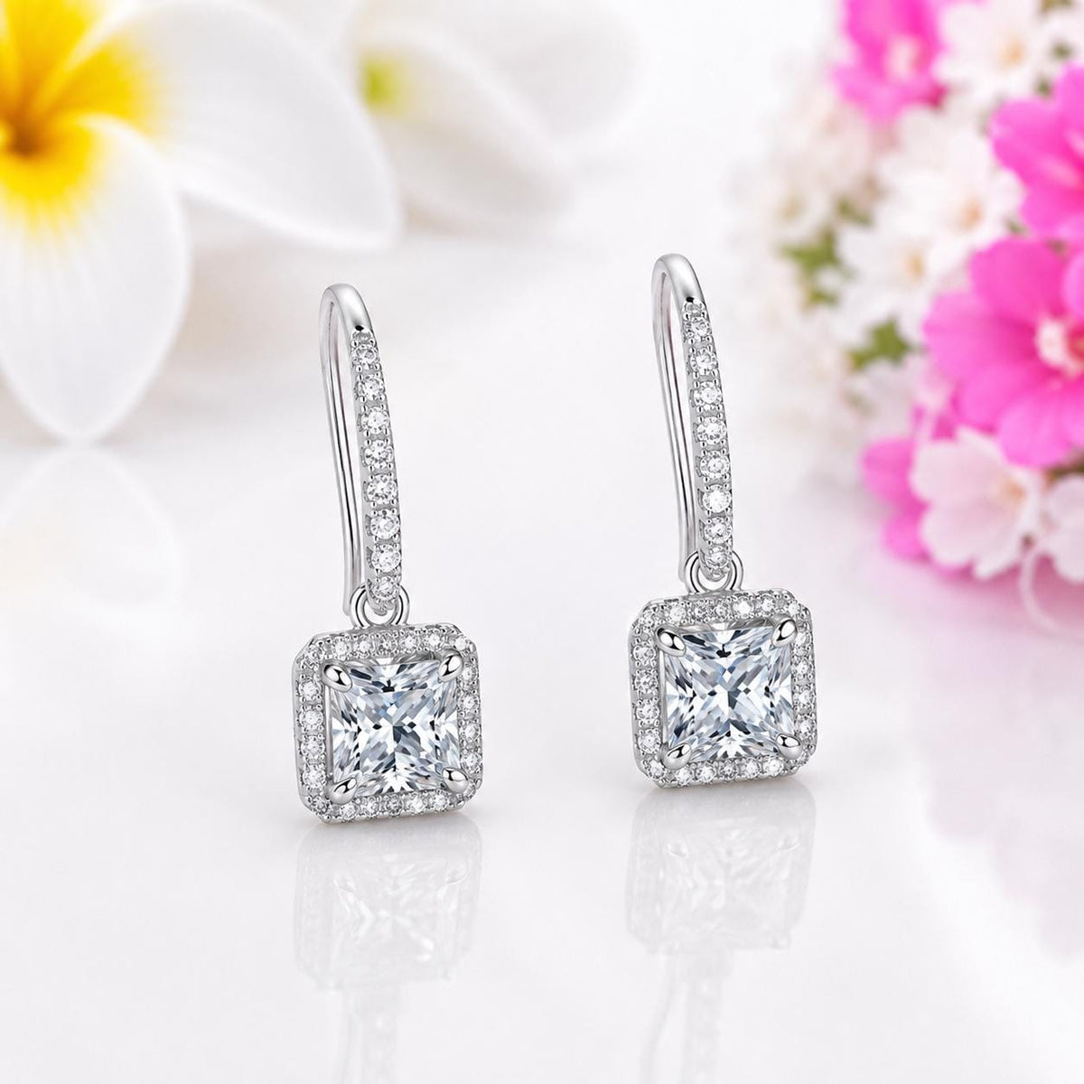 Princess Cut Moissanite 1 Carat Dangle Drop Earrings : 925 Sterling Silver