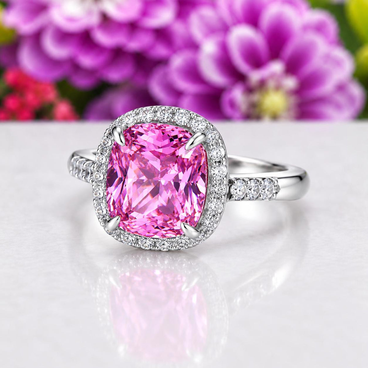 Cushion Cut 6 Carat Pink Sapphire Engagement Ring : 925 Sterling Silver