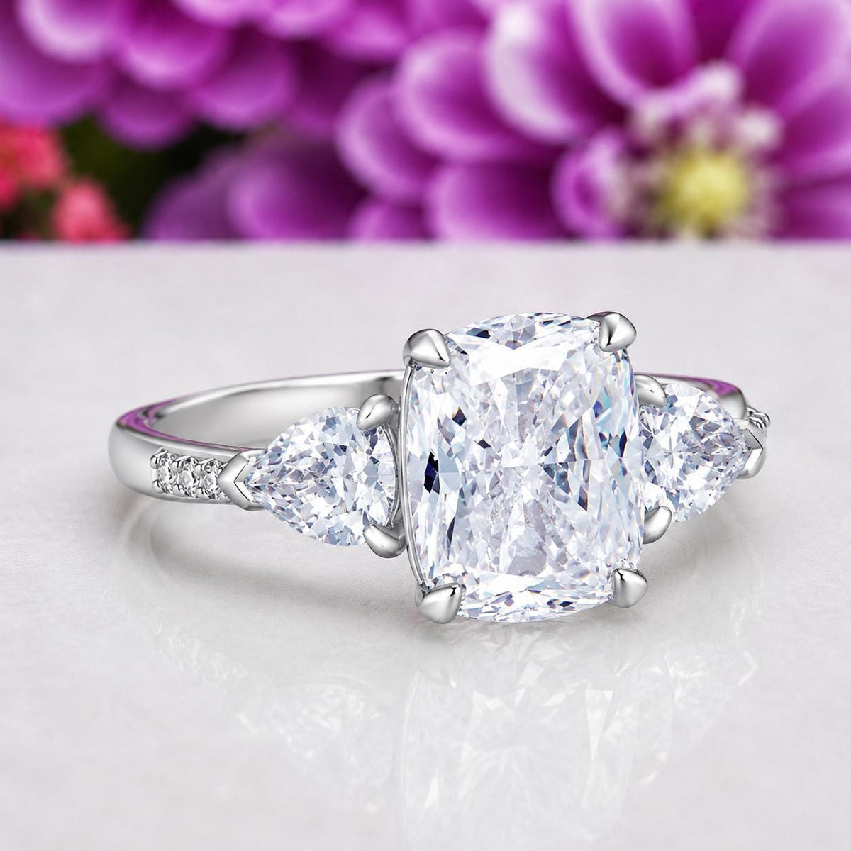 Three Stone Cushion 5 Ct Moissanite Promise Engagement Ring 925 Sterling Silver