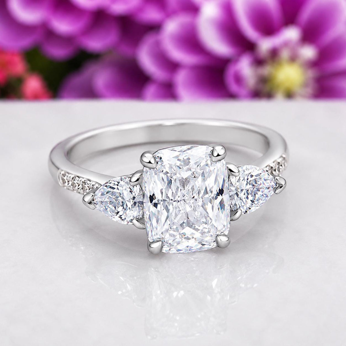 Three Stone Cushion 5 Ct Moissanite Promise Engagement Ring 925 Sterling Silver