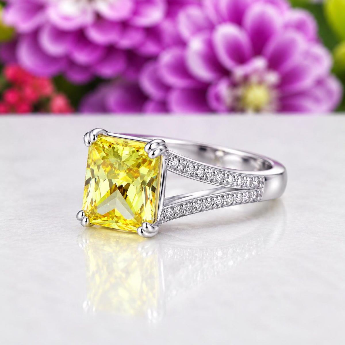 Radiant Cut 6 Carat Canary Yellow Sapphire Engagement Ring : 925 Sterling Silver