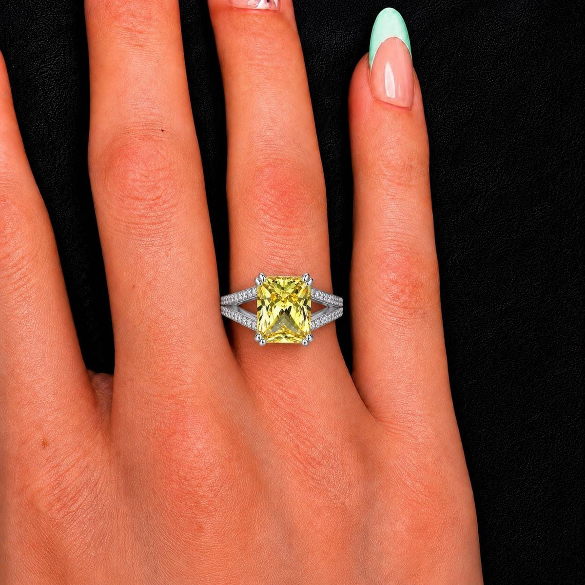 Radiant Cut 6 Carat Canary Yellow Sapphire Engagement Ring : 925 Sterling Silver