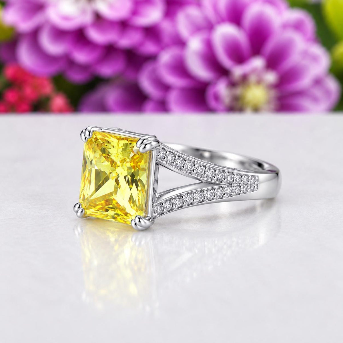 Radiant Cut 6 Carat Canary Yellow Sapphire Engagement Ring : 925 Sterling Silver