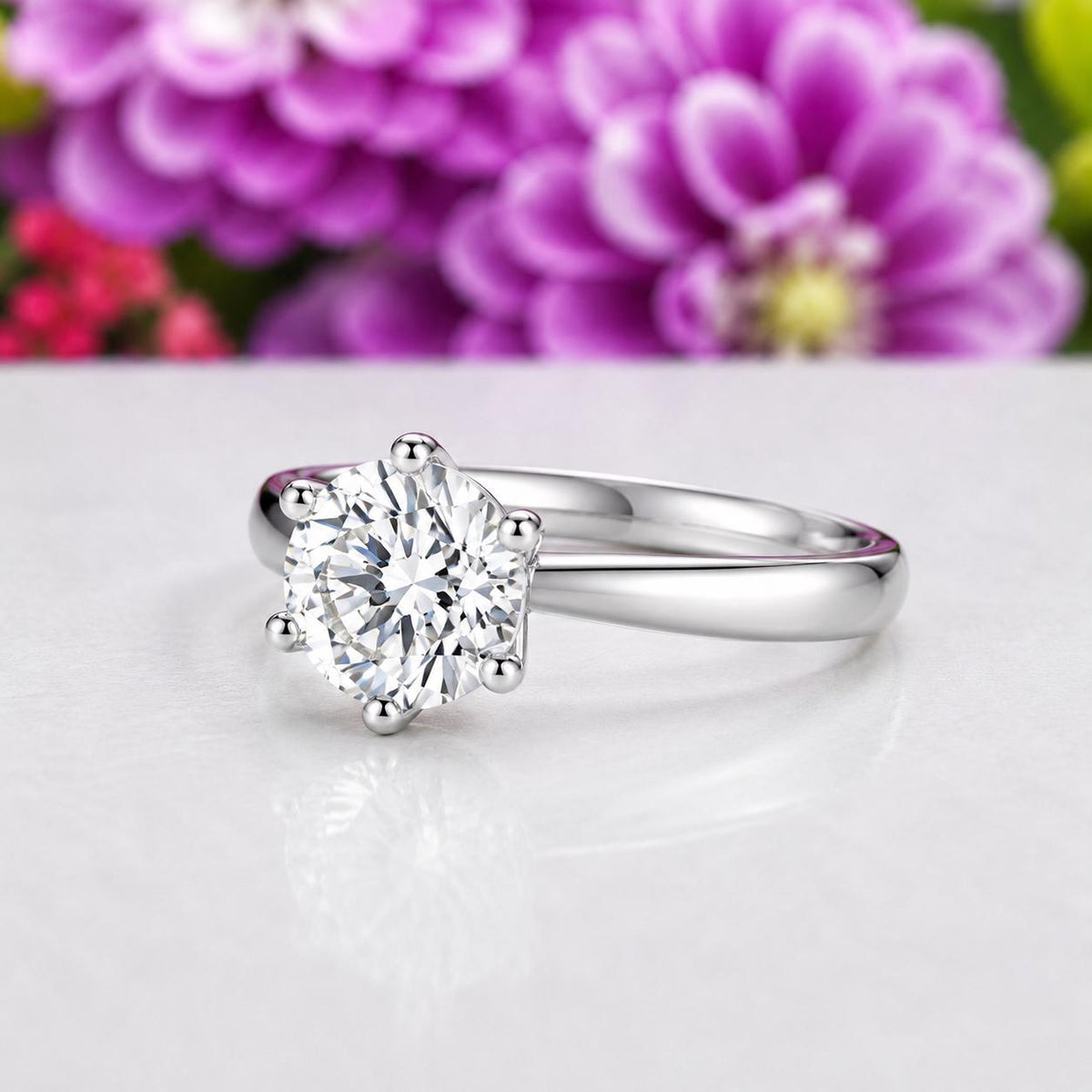 Round 6 Claw 1.5 Carat Moissanite Diamond Engagement Ring : 925 Sterling Silver