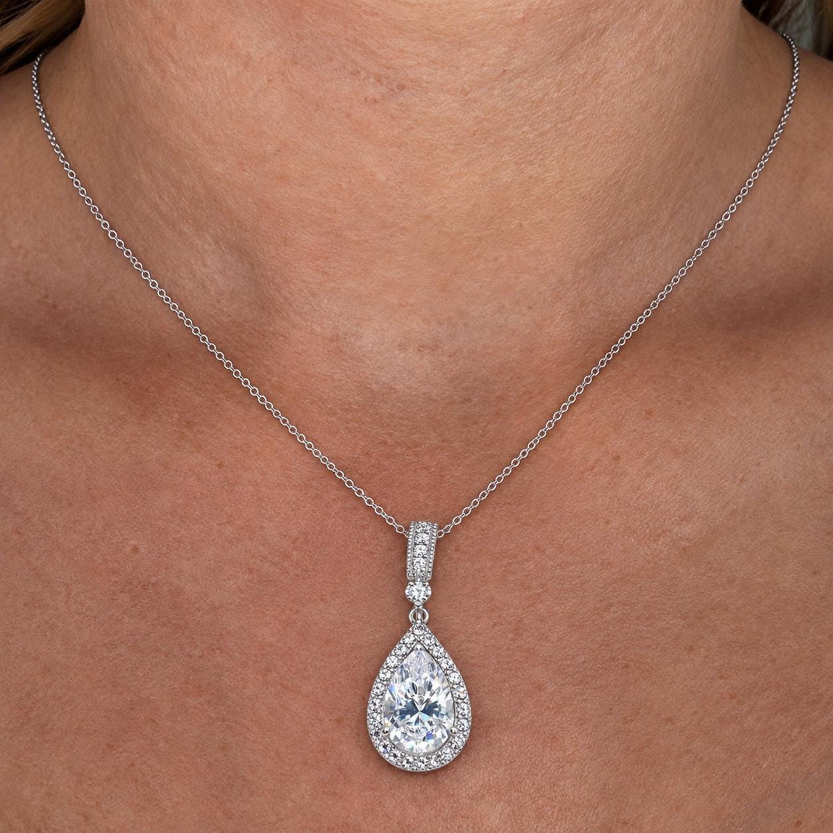 Pear Cut 3 Ct Moissanite Pendant: Sterling Silver Halo Necklace