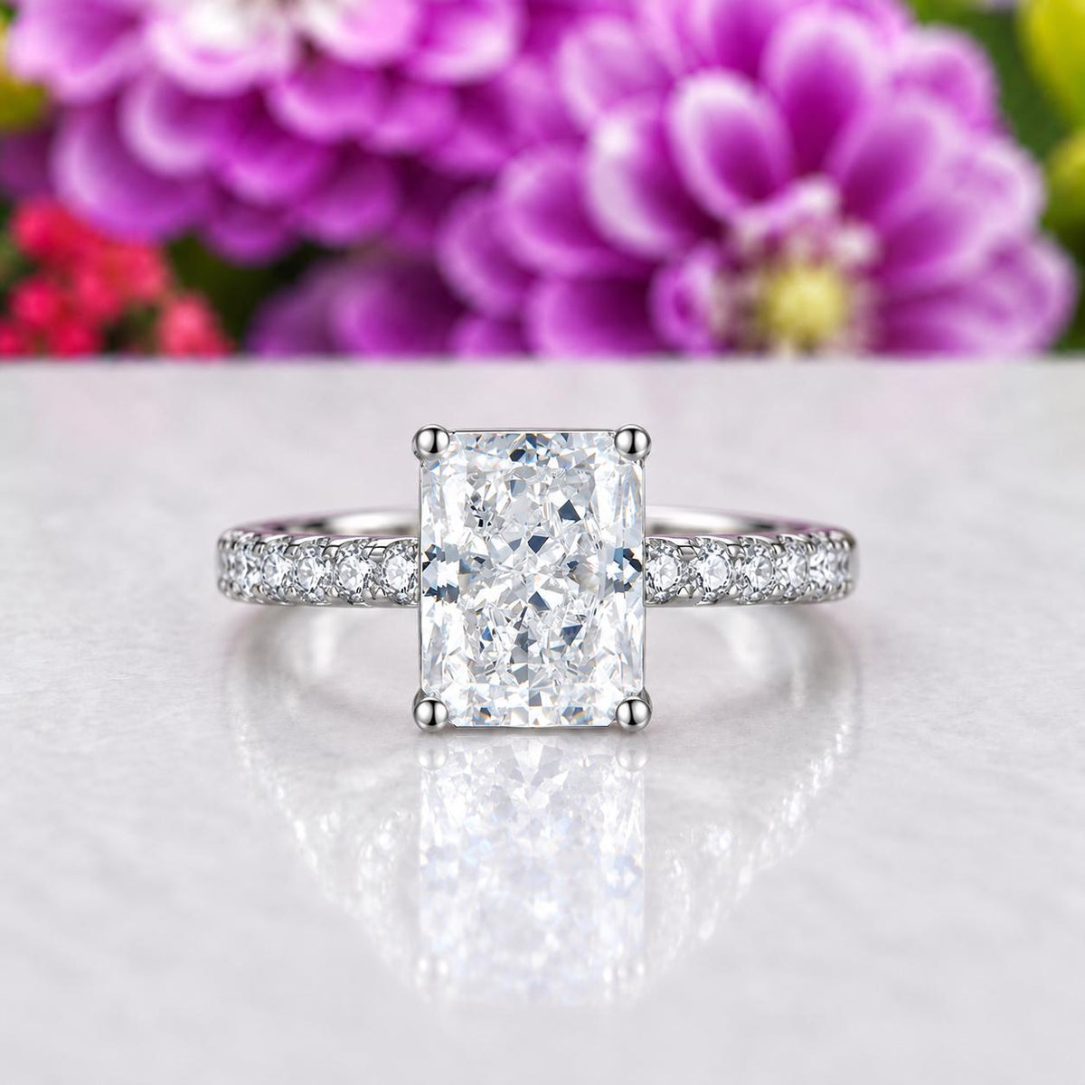 Radiant Cut 3 Ct Moissanite Diamond Engagement Ring : 925 Sterling Silver