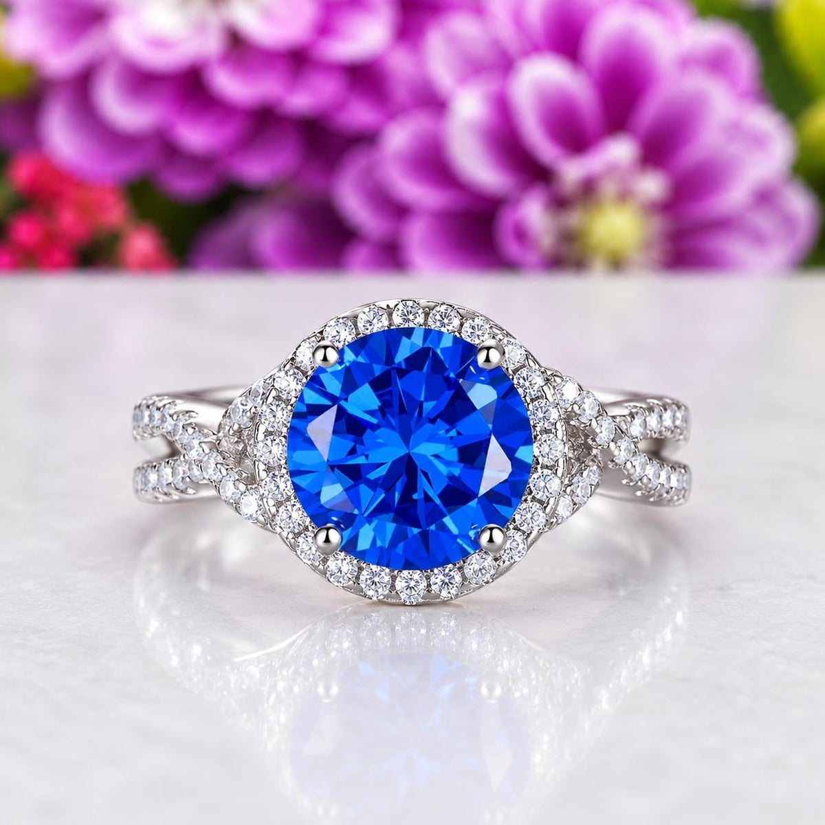 Round Cut 3 Ct Blue Sapphire Engagement Promise Ring : 925 Sterling Silver
