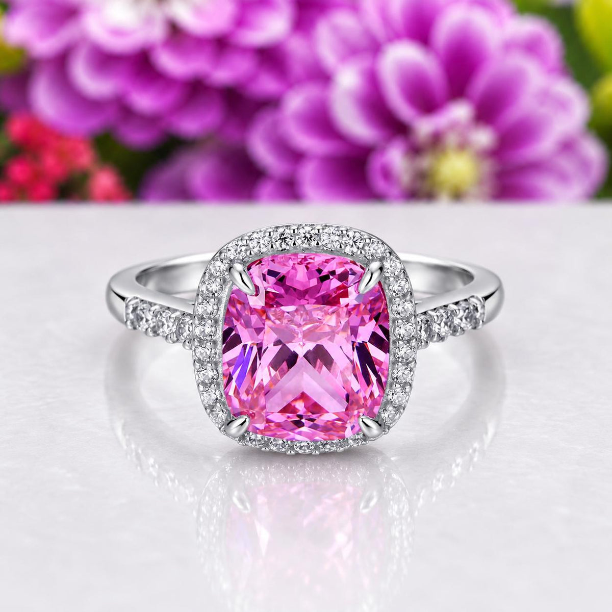 Cushion Cut 6 Carat Pink Sapphire Engagement Ring : 925 Sterling Silver
