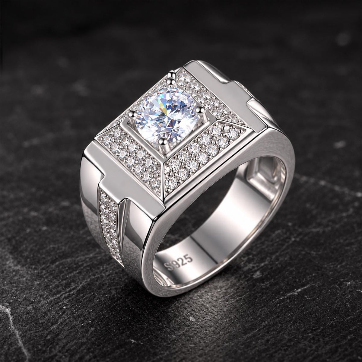 Mens 1 Carat Moissanite Wedding Statement Ring : 925 Sterling Silver